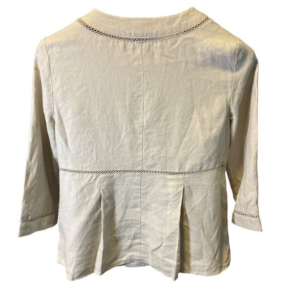 Rafaella Tan Linen Round Neck Buttoned Long Sleeve Peplum Top Sz 10 - Picture 2 of 8